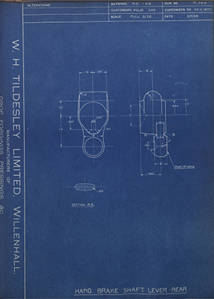 Armstrong Siddeley Motors LTD S.E.N18571 Hand Brake Shaft Lever - Rear WH Tildesley Forging Technical Drawing