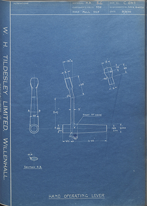 Armstrong Siddeley Motors LTD S.S.R.66470 Hand Operating Lever WH Tildesley Forging Technical Drawing