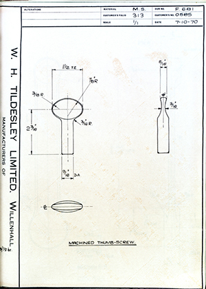 Armstrong Stevens & Son 0585 Machined Thumb-Screw WH Tildesley Forging Technical Drawing