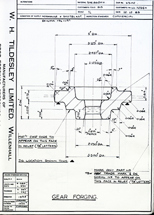 Armstrong Stevens & Son 10.7255H Gear Forging WH Tildesley Forging Technical Drawing