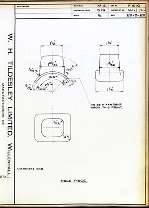 Armstrong Stevens & Son 10063 (Die No) Pole Piece WH Tildesley Forging Technical Drawing