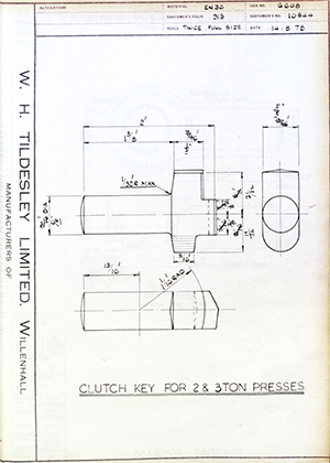 Armstrong Stevens & Son 10544 Clutch Key for 2 & 3 Ton Presses WH Tildesley Forging Technical Drawing