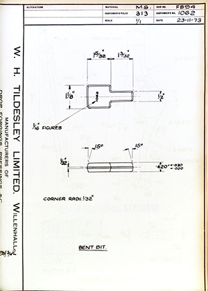 Armstrong Stevens & Son 1062 Bent Bit WH Tildesley Forging Technical Drawing