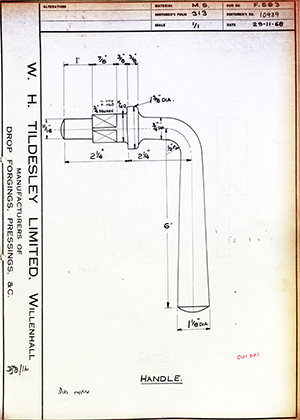 Armstrong Stevens & Son 10939 Handle WH Tildesley Forging Technical Drawing