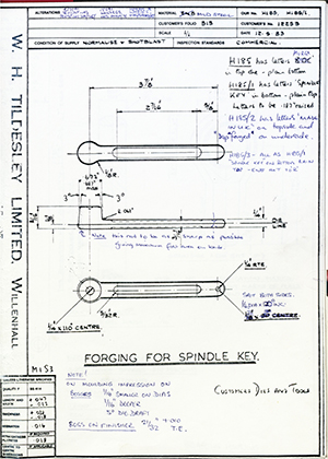 Armstrong Stevens & Son 12253 Forging for Spindle Key WH Tildesley Forging Technical Drawing