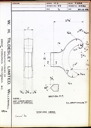 Armstrong Stevens & Son 12382 Wrench Head WH Tildesley Forging Technical Drawing