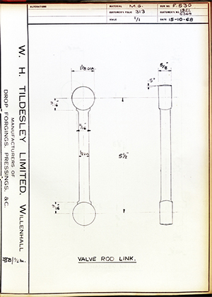 Armstrong Stevens & Son 1961 / 5348 Valve Rod Link WH Tildesley Forging Technical Drawing