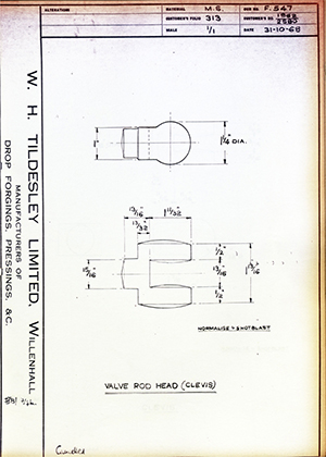 Armstrong Stevens & Son 1962 / 2580 Valve Rod Head (Clevis) WH Tildesley Forging Technical Drawing