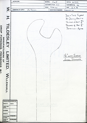 Armstrong Stevens & Son 20 1 1/8 Whit Single Ended Spanner WH Tildesley Forging Technical Drawing