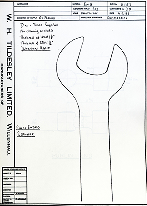 Armstrong Stevens & Son 20 Single Ended Spanner WH Tildesley Forging Technical Drawing