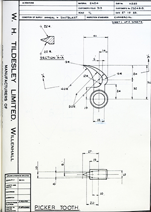 Armstrong Stevens & Son 2524815 Picker Tooth WH Tildesley Forging Technical Drawing