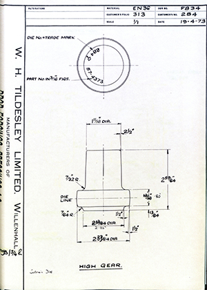 Armstrong Stevens & Son 284 High Gear WH Tildesley Forging Technical Drawing