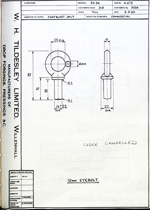 Armstrong Stevens & Son 3034 10MM Eyebolt WH Tildesley Forging Technical Drawing