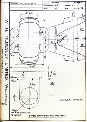 Armstrong Stevens & Son  5 Ton Capacity Towing Jaw WH Tildesley Forging Technical Drawing