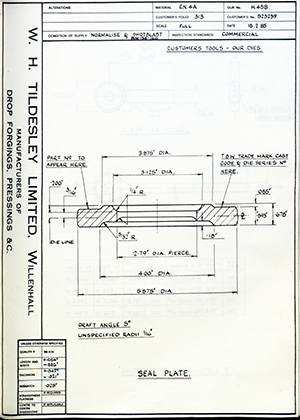 Armstrong Stevens & Son 523239 Seal Plate WH Tildesley Forging Technical Drawing