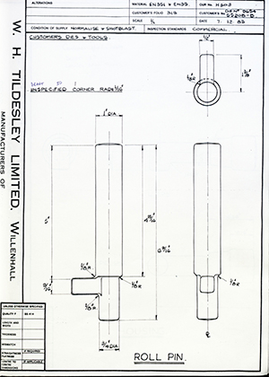 Armstrong Stevens & Son 55208-8 / Die No 9654 Roll Pin WH Tildesley Forging Technical Drawing