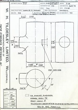 Armstrong Stevens & Son 5643 TS Solid Tee Forging WH Tildesley Forging Technical Drawing