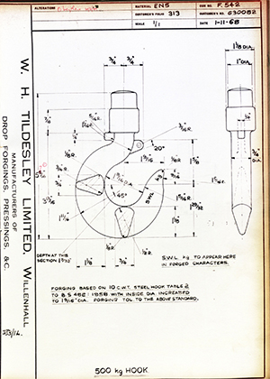 Armstrong Stevens & Son 630082 500KG Hook WH Tildesley Forging Technical Drawing