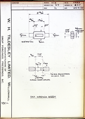 Armstrong Stevens & Son A.O.F Tap Wrench Body WH Tildesley Forging Technical Drawing