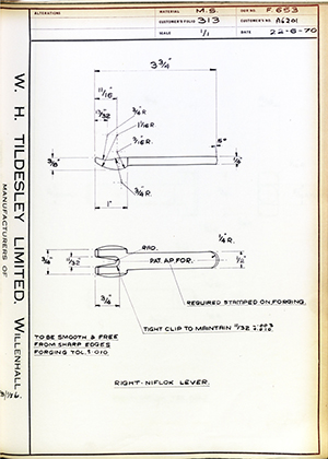 Armstrong Stevens & Son A6201 Right - Niflok Lever WH Tildesley Forging Technical Drawing