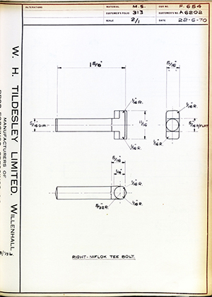 Armstrong Stevens & Son A6202 Right - Niflok Tee Bolt WH Tildesley Forging Technical Drawing