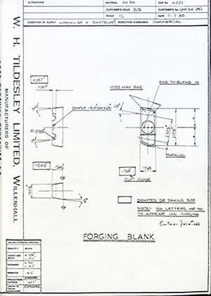 Armstrong Stevens & Son C/OD SK 18/1 Forging Blank WH Tildesley Forging Technical Drawing