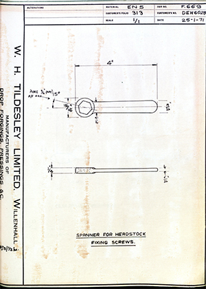 Armstrong Stevens & Son DEH6028 Spanner for Headstock Fixing Screws WH Tildesley Forging Technical Drawing