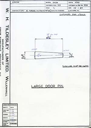 Armstrong Stevens & Son DIE No 928 Large Door Pin WH Tildesley Forging Technical Drawing