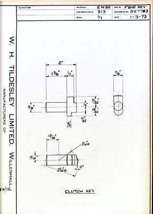 Armstrong Stevens & Son DS7763 Clutch Key WH Tildesley Forging Technical Drawing