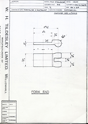 Armstrong Stevens & Son Die No 10655 Fork End WH Tildesley Forging Technical Drawing