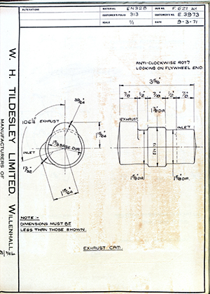 Armstrong Stevens & Son E.3973 Exhaust Cam WH Tildesley Forging Technical Drawing