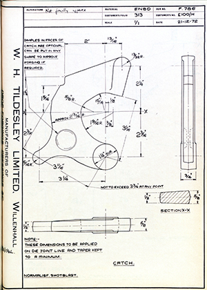 Armstrong Stevens & Son E100/H Catch WH Tildesley Forging Technical Drawing