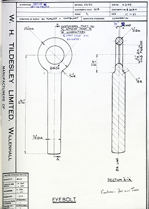 Armstrong Stevens & Son E8124 Eyebolt WH Tildesley Forging Technical Drawing