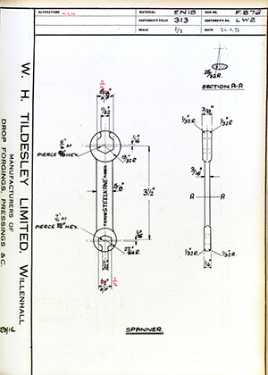 Armstrong Stevens & Son LW2 Spanner WH Tildesley Forging Technical Drawing