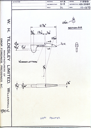 Armstrong Stevens & Son NBY2060 Weft Hammer WH Tildesley Forging Technical Drawing