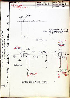 Armstrong Stevens & Son P.46511 Oven Door Fixed Hinge WH Tildesley Forging Technical Drawing