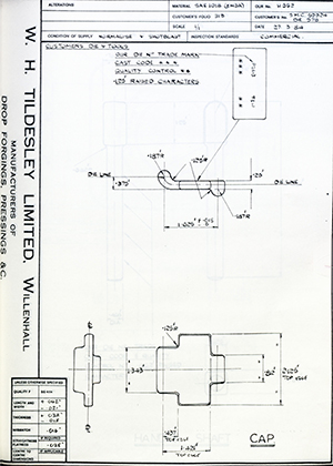 Armstrong Stevens & Son S.M.C.59924 / DIE No 978 Cap WH Tildesley Forging Technical Drawing