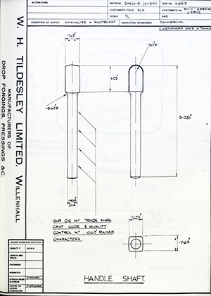 Armstrong Stevens & Son S.M.C.599243 / DIE No 480 Handle Shaft WH Tildesley Forging Technical Drawing