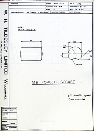 Armstrong Stevens & Son SK172 MS Forged Socket WH Tildesley Forging Technical Drawing