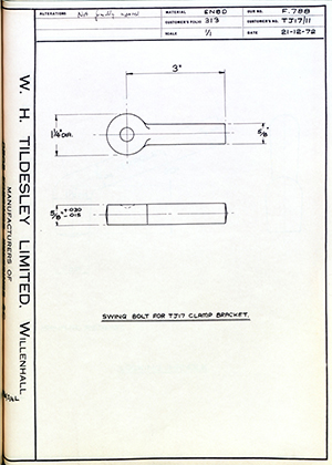 Armstrong Stevens & Son TJ17/11 Swing Bolt for TJ17 Clamp Bracket WH Tildesley Forging Technical Drawing