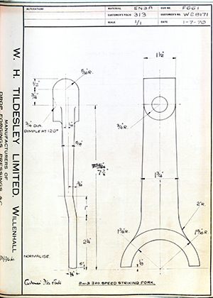 Armstrong Stevens & Son W28171 2nd & 3rd Speed Striking Fork WH Tildesley Forging Technical Drawing