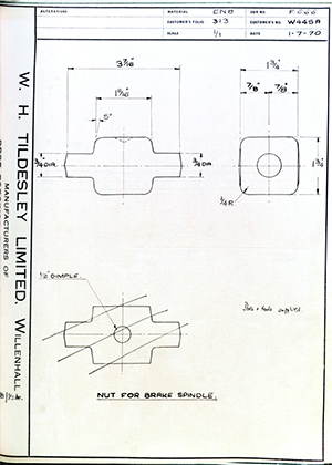 Armstrong Stevens & Son W445A Nut for Brake Spindle WH Tildesley Forging Technical Drawing