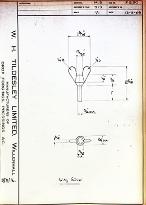 Armstrong Stevens & Son  Wing Screw WH Tildesley Forging Technical Drawing