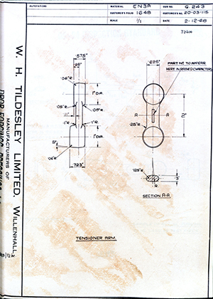 Aston Martin Lagonda 20-03-115 Tensioner Arm WH Tildesley Forging Technical Drawing