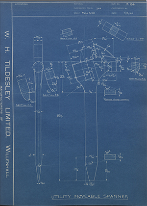 B Forster & Co LTD  Utility Moveable Spanner WH Tildesley Forging Technical Drawing