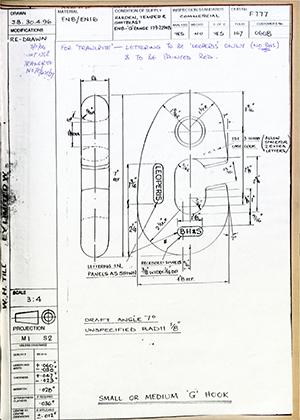 Barzillai Hingley & Sons LTD 0608 Small or Medium 'G' Hook WH Tildesley Forging Technical Drawing