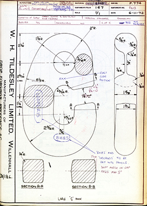 Barzillai Hingley & Sons LTD 0613 Large 'G' Hook WH Tildesley Forging Technical Drawing