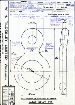 Barzillai Hingley & Sons LTD 0803/E90-406 Large Kelly Eye WH Tildesley Forging Technical Drawing