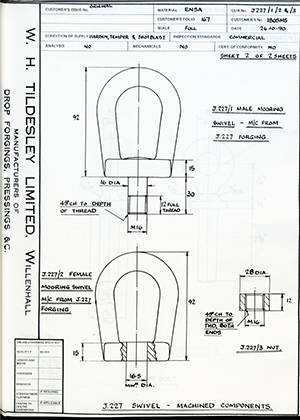 Barzillai Hingley & Sons LTD 1805MS J.227 Swivel - Machined Components WH Tildesley Forging Technical Drawing