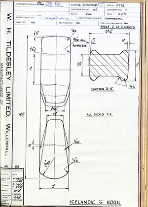 Barzillai Hingley & Sons LTD  Icelandic 'G' Hook WH Tildesley Forging Technical Drawing